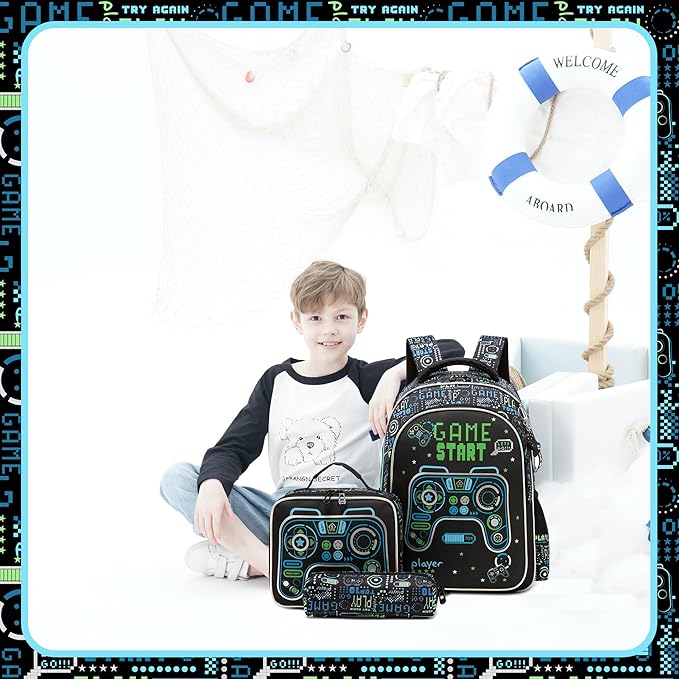 Game School Backpack for Boys Backpacks Ages 8-10 with Lunch Box Set Black Bookbag for Boys Backpack for Kids Backpacks Lightweight Elementary Back to School Supplies Kit
