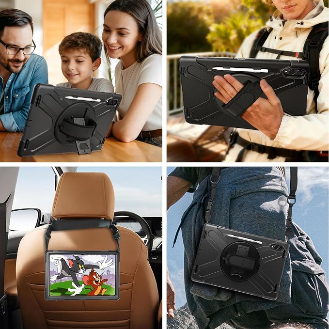 Gerutek Case for Samsung Galaxy Tab S10 FE+/ S10 FE Plus 2025 13.1 Inch Full-Body Drop Protective Case with Screen Protector Pen Holder 360° Rotate Hand Strap &amp StandShoulder Strap Black