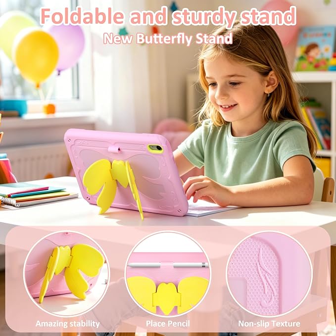 for iPad 10th Case 10.9 Inch for iPad A16 Case for Kids Girls Purple Pink | Built in Pencil Holder Stand Durable Rugged Heavy Duty Shockproof Protective Cover for iPad 10th Generation with Strap