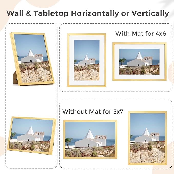 5x7 Gold Picture Frame | Metal 5x7 Frame With Mat For 4x6 | 5 x 7 Aluminum Photo Frame | Plexiglass And Hanging Hardware Included | 5 By 7 Picture Frame | 3Pcs, Gold