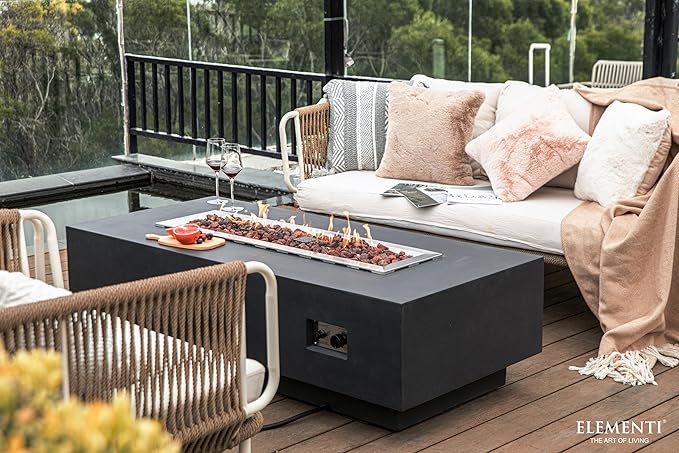 Elementi | Bundle Granville Gas Fire Pit Cast Concrete 60" Rectangular Fire Table, Outdoor Fire Pit Electronic Ignition | Canvas Cover, Lava Rock Included | Dark Gray (Propane Gas)