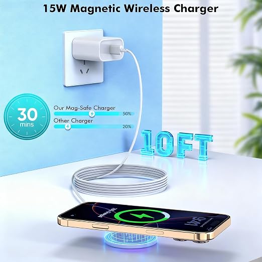 Magnetic Wireless Charger for iPhone 17 16 15 10FT Fast Phone Charging Pad | with USB C Wall Charger Fast Block For iPhone 17 Pro Max/17/iPhone 16 Pro Max/15/Plus/Pro/14/13/12 SeriesAirPods 4/3/2/Pr