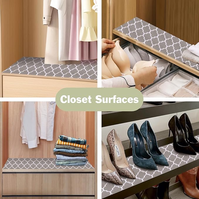 Drawer and Shelf Liner for Kitchen Cabinet: 12 in X 20 Ft Non Slip Waterproof Shelf Paper Non Adhesive Refrigerator Liners Gray Quatrefoil Easy Liners for Bathroom Cupboard with Knife Tape Measure