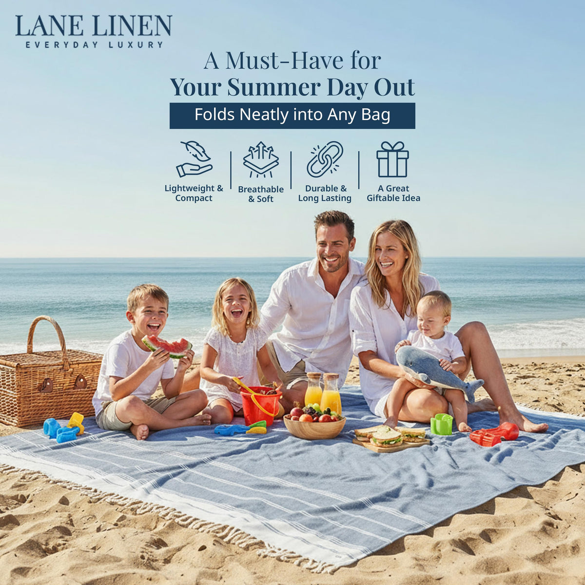 LANE LINEN Beach Blanket Sand Free, Soft & Large Beach Towel - Navy Blazer