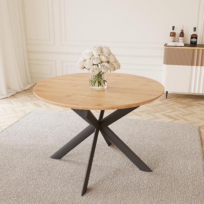 43.2"-59.1" Extendable Round Dining Table, Mid Century Modern Wooden Round Table, Leisure Oak Coffee Table,Saving Space