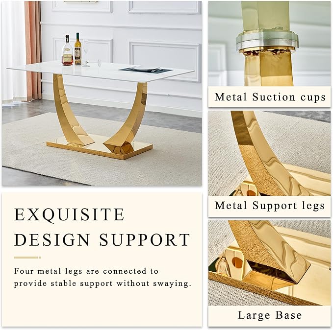 AZmac 63" Modern Dining Table Set for 4, White Dining Room Set for 4, Tempered Glass Kitchen Table and Velvet Chairs, Marble Pattern Top with Sturdy Gold Chrome Base