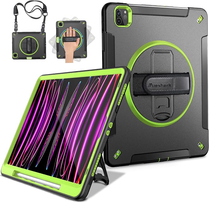 Miesherk Case for iPad Pro 12.9 Inch 6th/5th/4th GenShockproofGreen | Military Grade Heavy Duty Shockproof iPad Pro 12.9 Case - Rotating Stand Pencil Holder Hand/Shoulder Strap