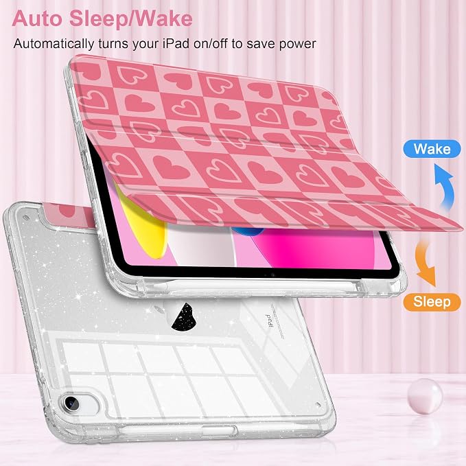 MEEgoodo Case for iPad A16 11th Generation 2025/10th Generation 2022 Glitter Tablet Cases with Transparent Acrylic Back+Trifold Stand +Pencil Holder+Auto Wake/SleepAbstract Sun &amp Palm Tree