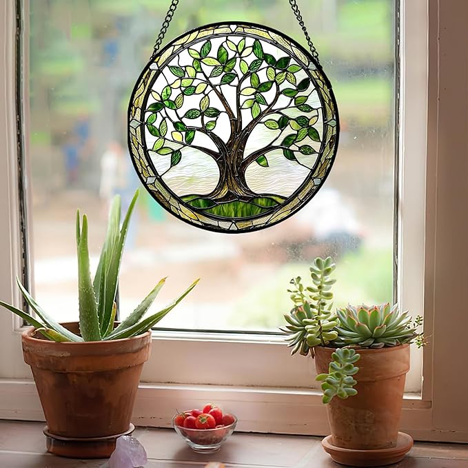 Stained Glass Window Hanging - Brown Tree Trunk Green Leaves Sun Catcher for Door Garden Home Decor Plant Suncatcher Christmas Mother's Day Birthday Gifts for Women Men Mom Nana 9.8 in