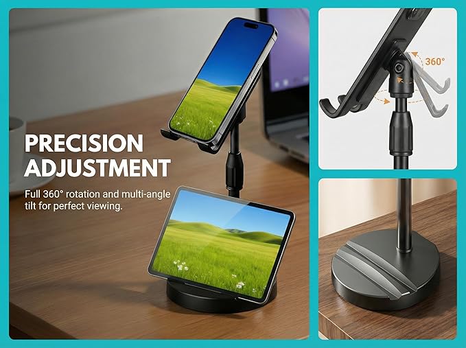 Adjustable Height Phone and Tablet Stand Dual Device Holder with 360° Rotation Sturdy Non-Sturdy Non-Slip Base with Card Slot for Livestream Watching Videos Work Gaming