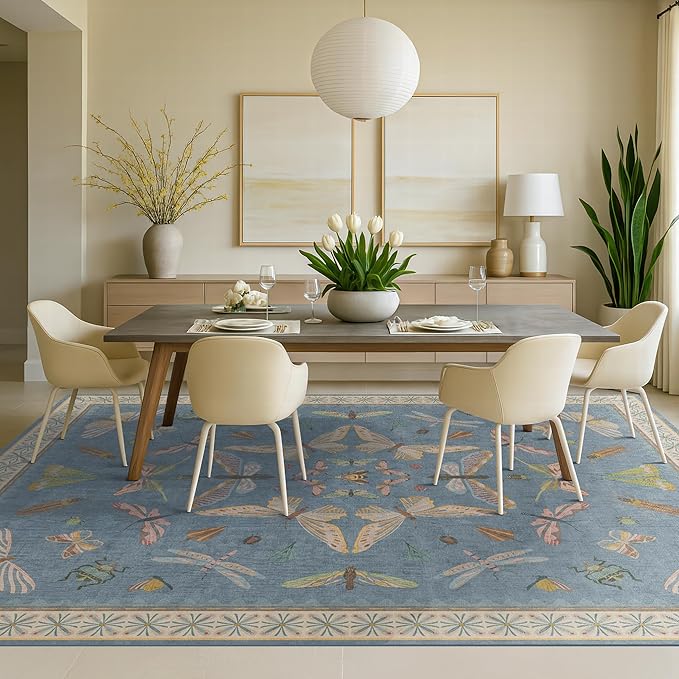 Insect Light Blue Rug for Living Room - 9x12 Cute Rugs for Bedroom, Moth Floral Boho Design, Low Pile Stain Resistant Washable, Perfect for High Traffic Area