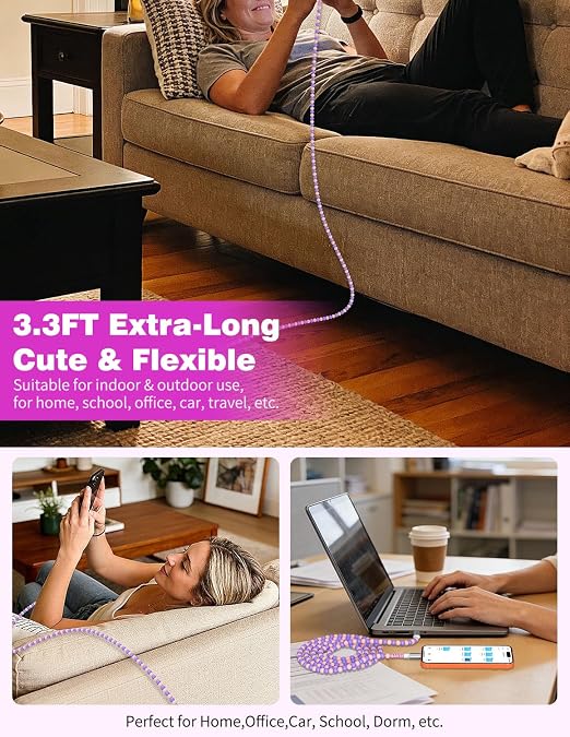 Jelanry 3FT USB-A to USB-C Fast Charging Cable Beaded &ampData Sync Women Girl | Cute kawaii beaded cable for iPhone 17/16/15 Samsung S26/S25/S24 Pixel iPad Fast charge for daily use office &amp tra
