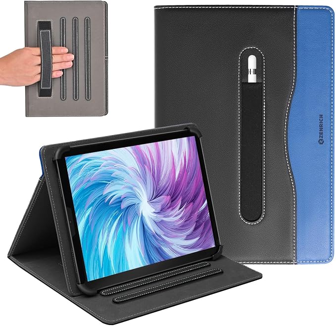 ZenRich Android Tablet Case for 10.1 inchUniversal Tablet Case Cover | Touchscreen Tablet 10-11 with Multiple Viewing Angles/Hand Strap/Pen Holder/Adjustable Fixing Silicon BandBlue