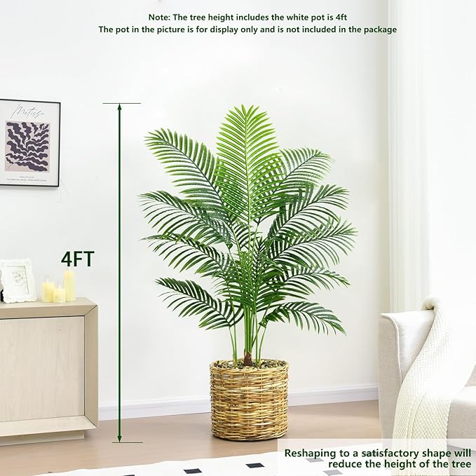 Artificial Palm Tree 4FT Faux Plants Indoor Tropical Fake Palm Tree Areca Floor Plant in White Pot with 13 Trunks & Real Bark Design, Faux Palm Plant for Outdoor Patio Home Room Office Decor