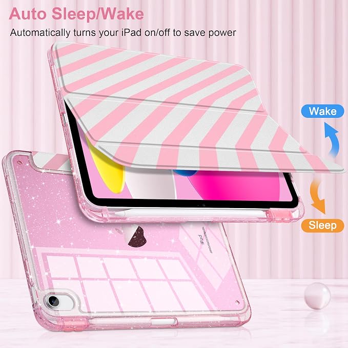 MEEgoodo Case for iPad A16 11th Generation 2025/10th Generation 2022 Glitter Tablet Cases with Transparent Acrylic Back+Trifold Stand +Pencil Holder+Auto Wake/SleepAbstract Sun &amp Palm Tree