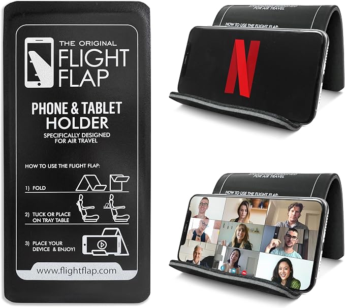 Flight Flap Airplane Tablet Holder Flexible Cell Phone and Tablet Holder Extra Large 12x7” Folding Cellphone Stand for Desk Kindle Bed Airplane Gadgets Long Travel Essentials (Black)