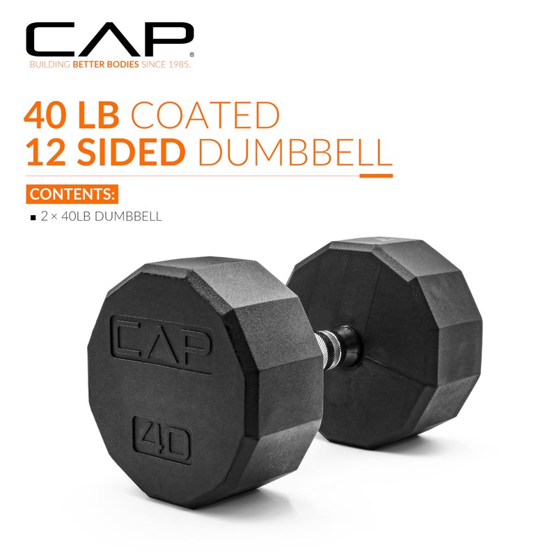 CAP 40 LB 12-Sided Rubber Coated Dumbbell Weight, Rubber Free Weights for Home Gym Strength Training, Chrome Handle, Pair