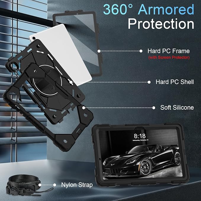 Case for Samsung Galaxy Tab S10 Lite/S10 FE/S9 FE /S9 Tablet Case 10.9/11 Inch with Rotate Stand &amp Hand Strap Screen Protector Pen Holder for Galaxy Tab S10 FE Cases Black