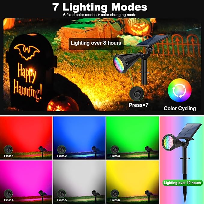 Color Changing Solar Spot Lights Outdoor Waterproof 180° Adjustable Colored RGB Solar Powered Landscape Lights for Yard 7 Lighting Modes Solar Spotlights for Pathway Garden Outside (2 Pack)