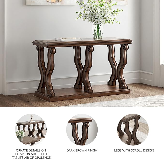 Signature Design by Ashley Maylee Classic Sofa Table with Open Shelf and Scroll Legs, Dark Brown