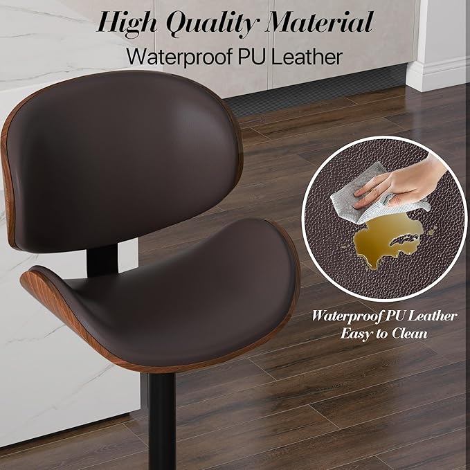 Adjustable Swivel Bar Stools Set of 2, Modern Bentwood Barstool with Large Metal Base and Footrest, PU Leather Upholstered Bar Chair with Curved Back for Kitchen Island Dining Room, Brown