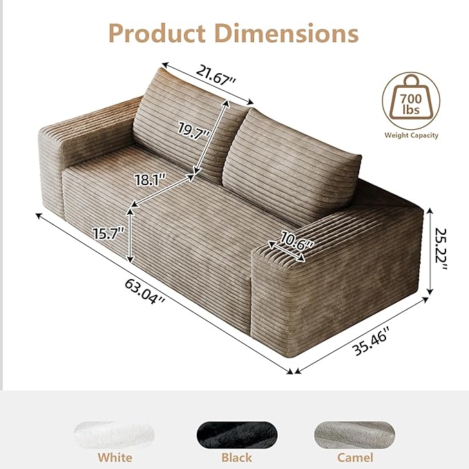 Cloud Loveseat Sofa, Modern Corduroy 2-Seater Couch with Deep Seat, No Assembly Required Memory Foam Sofa, Boneless Sofa in a Box for Bedroom, Apartment, Office,Small Space (Camel,63in)