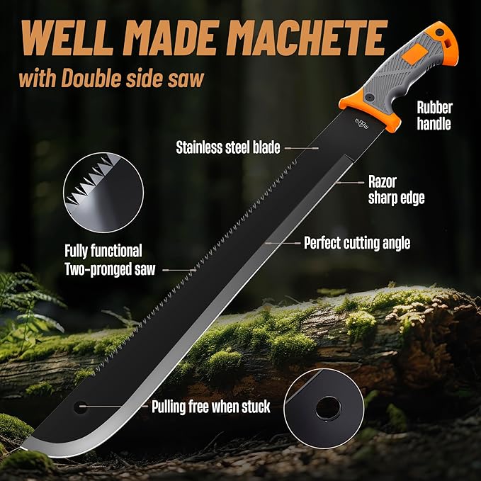 Machete with Saw 25" / 19" Heavy Duty Tool & Sheath - Ergonomic No-Slip Handle - Survival Knife with Serrated Blade - Machetes for Bushcraft Hunting Garden Cutting Trees and Yard Work