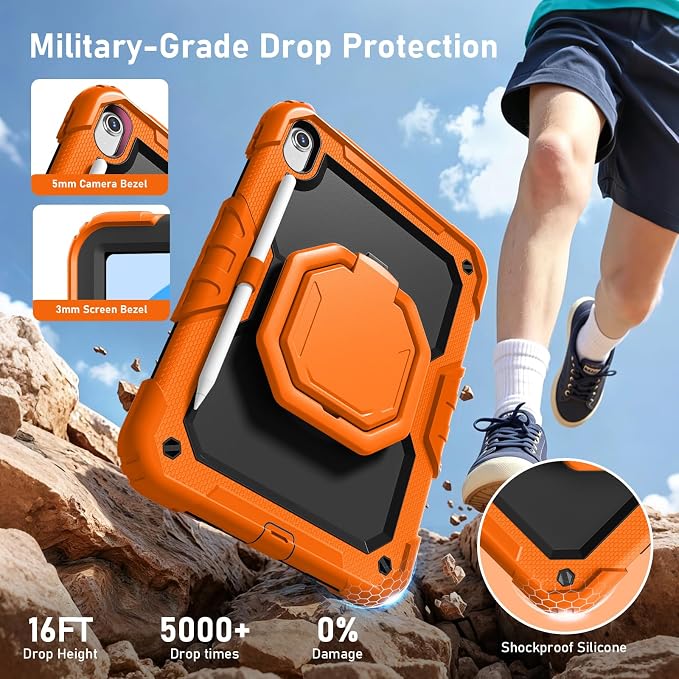 Case for iPad (A16) 11th/10th Generation 11/10.9 2025/2022 Black | Full-body Heavy Duty iPad A16 Case for Adults Kids with Screen Protector 360° Rotating Stand Shoulder Strap Pencil Holder