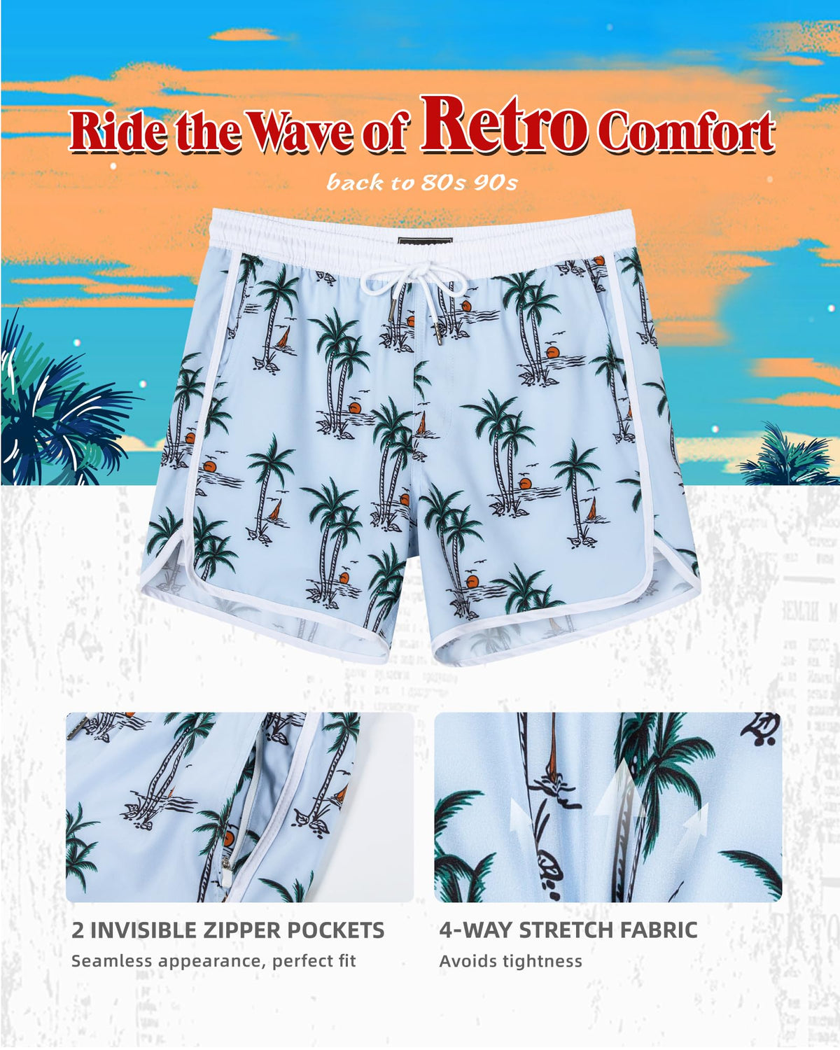 SURF CUZ Mens Swim Trunks with Compression Liner 5" Swimming Trunks 5 Inch Retro Swim Shorts with Zipper Pockets,Beach Sunrise,M