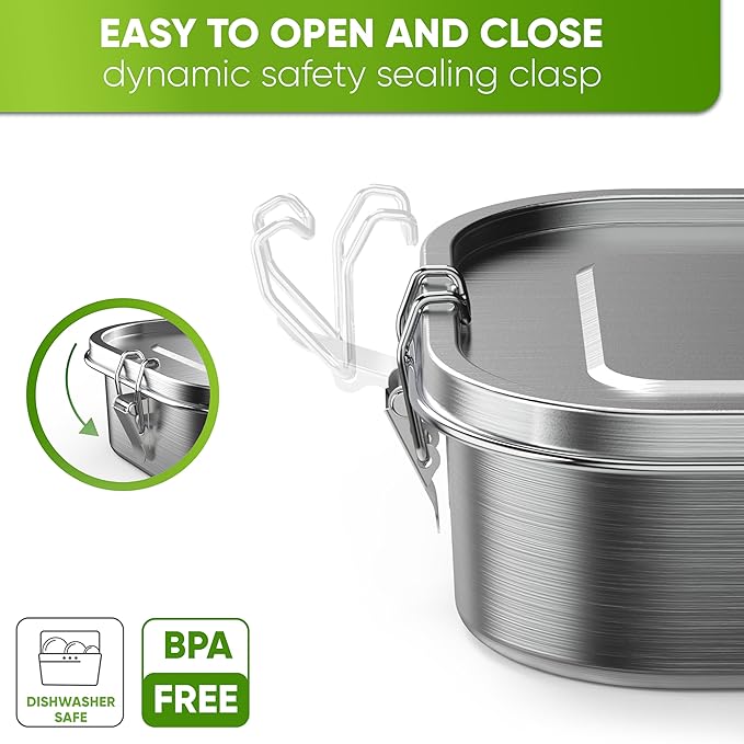Blockhütte Stainless Steel Lunch Box for Adults I 40oz I with free Sealing I Metal Bento Box with 3 Compartments, Leak-Proof Lunch Container, Metal Food Storage for Travel, Work, Eco-Friendly