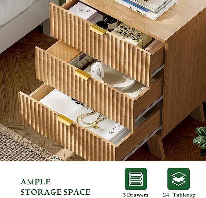 Fluted Nightstand with Charging Station, 24" Wide Bedside Table with 3 Large Storage Drawers, Modern Wood Side Table Night Stand, End Table Small Dresser for Bedroom, Living Room, Dorm, Natural Oak