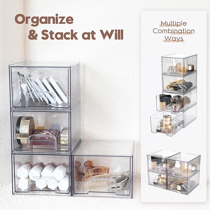 Sea Team 4-Pack Clear Makeup Organizer with Drawers, Acrylic Plastic Cosmetic Display Case, Jewelry Storage Box, Holder for Dresser, Bathroom, Vanity, Kitchen Cabinets, Pantry, Countertop