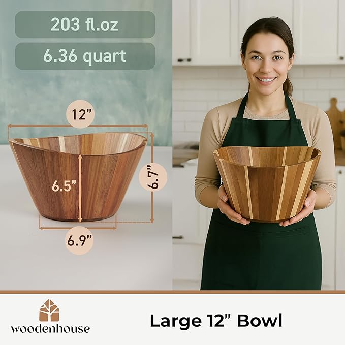 Woodenhouse Wooden Salad Bowl, Wooden Bowl, Fruit Bowl - 12" Wavy Large Salad Bowl for Serving, Handmade, Durable and Stylish Natural Wood Dining Accessory