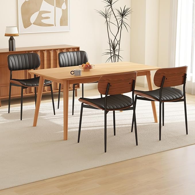 Modern PU Leather Dining Room Chairs Set of 6, Upholstered Kitchen Chairs with Walnut Bentwood Back and Metal Legs Adjustable Feet for Kitchen Dining Room(Balck)