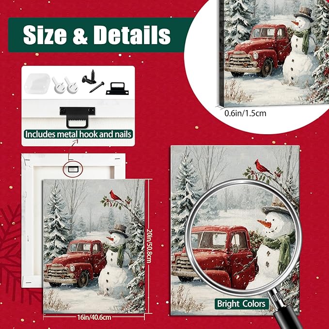 Christmas Snowman & Red Truck Canvas Wall Art - Rustic Winter Scene Framed Picture for Modern Farmhouse Home, Festive Christmas Wall Decor, Perfect Christmas Gifts & Holiday Decorations