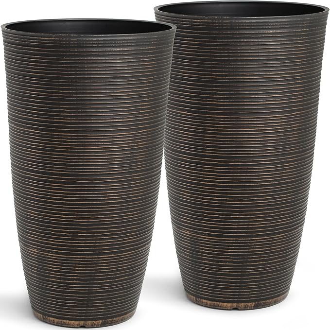 23.5" H Tall Planters, 2-Pack Taper Large Flower Pots for Indoor Outdoor Use, UV-Protect PP Plant Container for Garden Patio Yard Balcony Porch or Home Decor, Bronze Vertical Stripes Texture