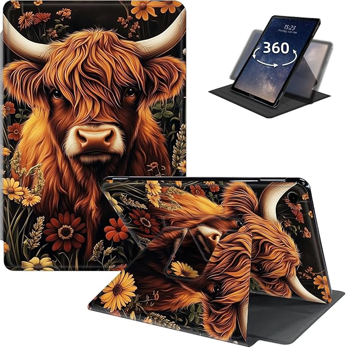 for Samsung Galaxy Tab A9 Plus Case 11 Inch 2024 2023 (SM-X210/X216/X218)360 Degree Rotating Smart Cover Case with Auto Sleep/Wake-Beautiful Highland Cow