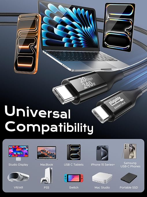 Plugable Short Braided USB C Monitor Cable 1FT 4K@144Hz/8K Video Output | USBC 3.2 Gen 2X2 Display Cable 20Gbps Data Transfer 240W PD Charging Fit for Portable Monitor SSD MacBook iPhone 17