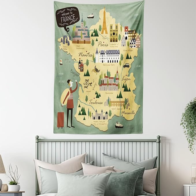 Ambesonne France Tapestry, Travelling Themed French Map with Famous Landmarks in Doodle Style Print, Fabric Wall Hanging Decor for Bedroom Living Room Dorm, 30" X 45", Teal Pale Yellow