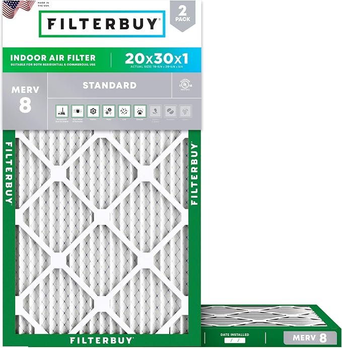 Filterbuy 20x30x1 Air Filter MERV 8 Essential Dust & Allergy Defense,