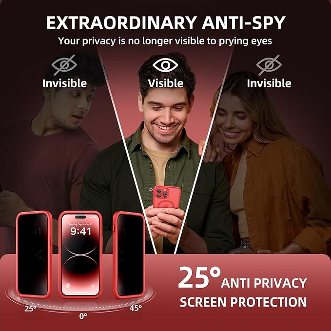 BERFY Magnetic for iPhone 14 Pro Max Case, Compatible with MagSafe, Built-in Privacy Screen Protector and Upgraded Camera Protection, Anti-Spy Full Body Shockproof Phone Case for 14 Pro Max 6.7", Red