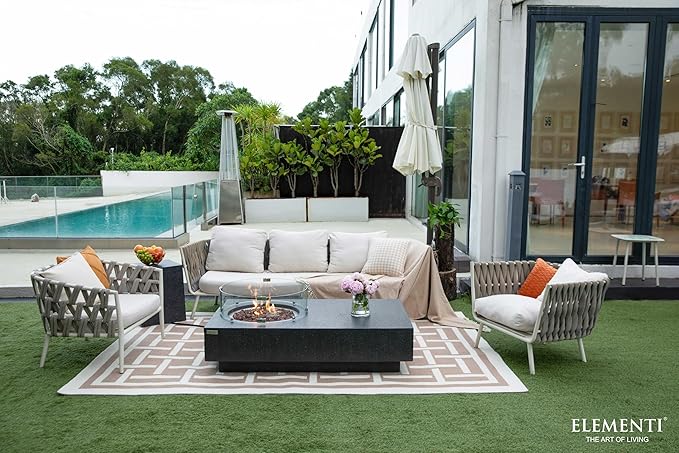 Elementi | Bundle Metropolis Gas Fire Pit Cast Concrete 56" Rectangular Fire Table, Outdoor Fire Pit Electronic Ignition | Canvas Cover, Lava Rock Included | Dark Gray (Propane Gas)