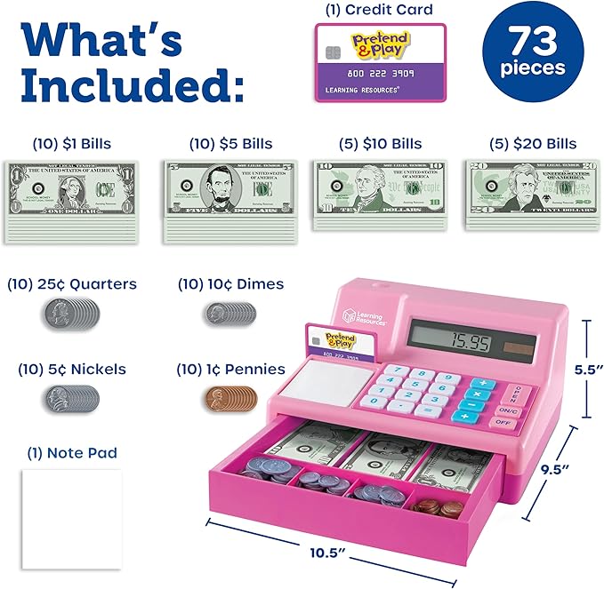 Learning Resources Pretend and Play Calculator Cash Register Pink - Money for Kids, Math Games, Playstore Grocery Store, Fine Motor Skills, Preschool Activities, Toddler Plastic Coins