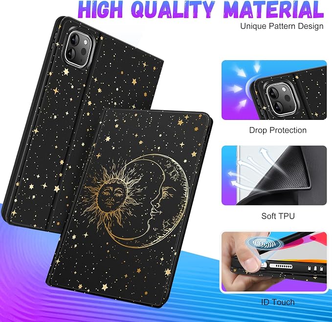 Uppuppy for iPad Pro 12.9 Case Kids Folio PU Leather Cover with Apple Pencil Holder Auto Sleep/Wake Adjustable Angles for iPad Pro 12.9 6th/5th/4th/3rd Gen Sun Moon Black