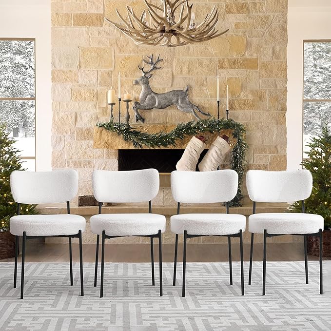 White Boucle Dining Chairs Set of 2, Upholstered Dinner Chair with Metal Frame, Dining Room Chairs with Padded Seat, Round Modern Seating for Living Room
