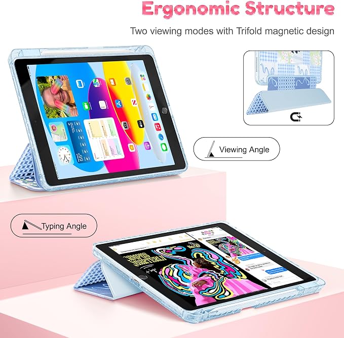 Mektron Sparkly Case for iPad 10.2 inch Glitter Tablet Cases for iPad 9th Gen 2021/8th Gen 2020/7th Gen 2019 Cover with Shiny Clear Back Shell Foldable Bling Smart Cover Blue Floral