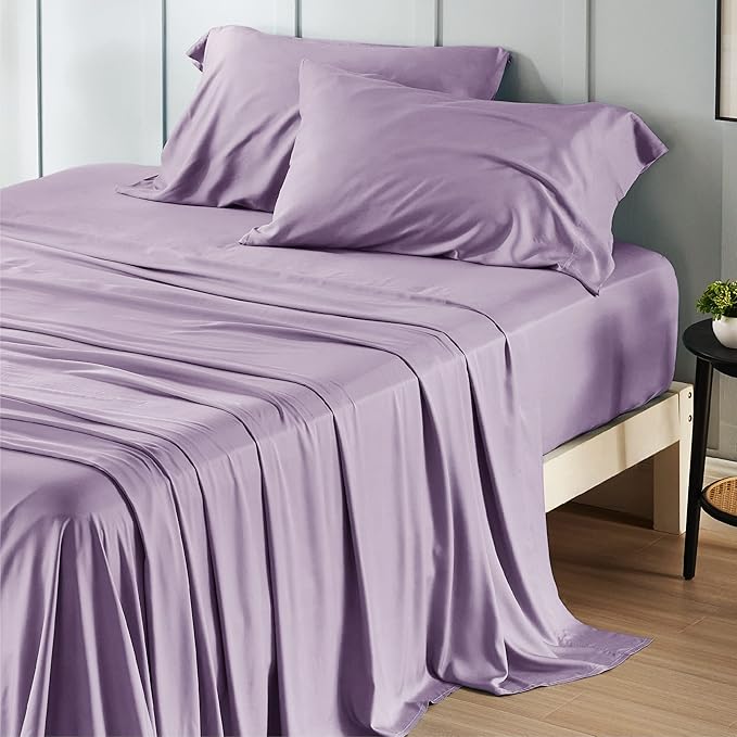 Bedsure California King Sheet Sets, Cooling Sheets for Hot Sleepers, Rayon Derived from Bamboo, Breathable & Soft, Deep Pocket Up to 16 Inches, Hotel Luxury Silky Bedding, Lilac