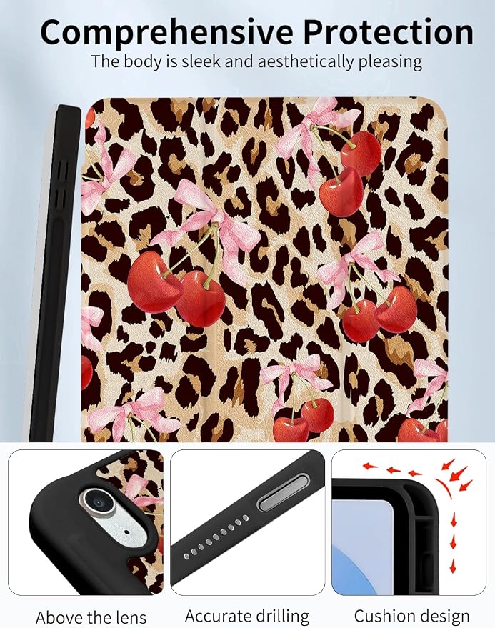 Case for iPad 9th/ 8th/ 7th Generation Case 10.2&amp10.5 Inch (2021/2020/2019 Release) Slim Lightweight Soft Trifold Back Cover with Pencil Holder &amp Auto Sleep/Wake Cover Cherries Cheetah Bows