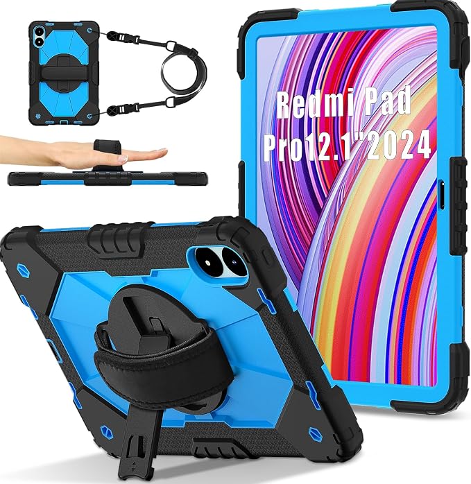 for Xiaomi Redmi Pad Pro 12.1/Xiaomi Poco Pad 12.1 Case with with Kickstand/Hand Strap/Rotating/Shoulder Strap (Black/Black)