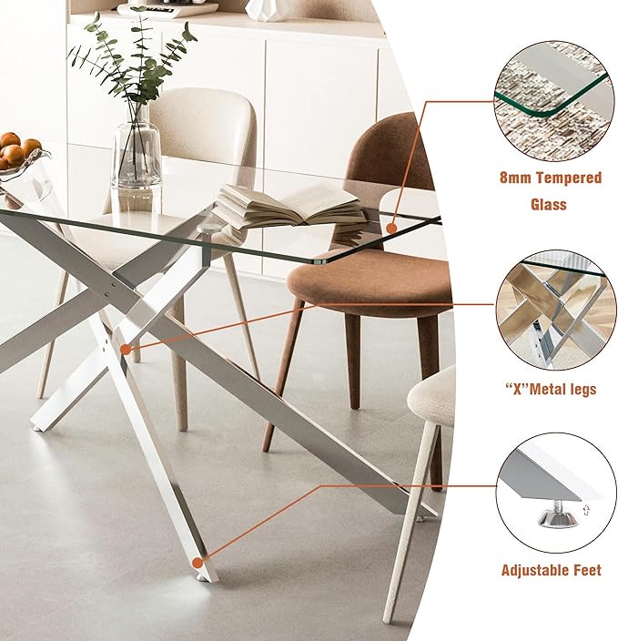 60" Glass Dining Table Modern Kitchen Table for 4-6 People, Contemporary Rectangular Dining Room Dinner Tables with Clear Glass Top & Silver Metal X Legs for Kitchen Apartment